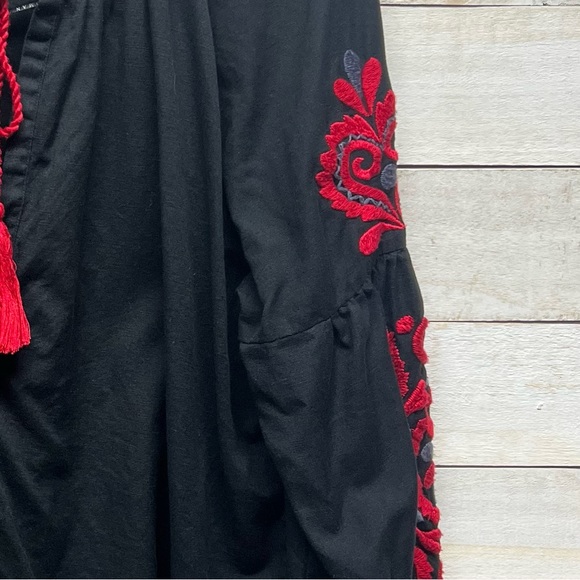 Zara Womens Embroidered Tassel Top Red Black Long Sleeve Floral Size Medium - Picture 6 of 13